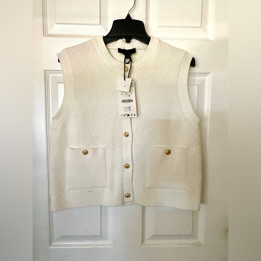 Zara Cream Cardigan Vest with Gold Accents
